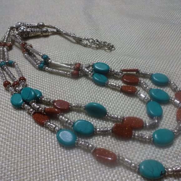 Tribal "TURQUOISE & GOLD SUNSTONE" Handmade Sterling Necklace Size 22" #962A - Picture 3 of 3